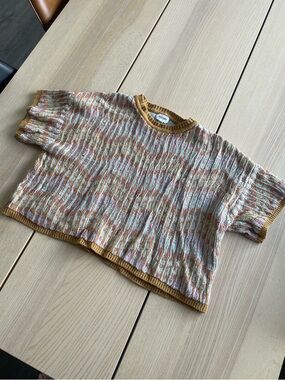 Ghanda Multicolor Knit Tee with Mustard Trim size small, small ladies knit tee